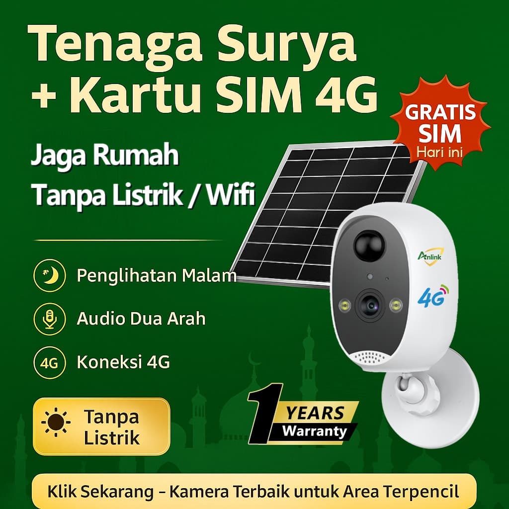 CCTV Solar 4G  Tahan Hujan Night Vision 2 Arah Audio Deteksi Gerak Tanpa WiFi Listrik Gratis SIM