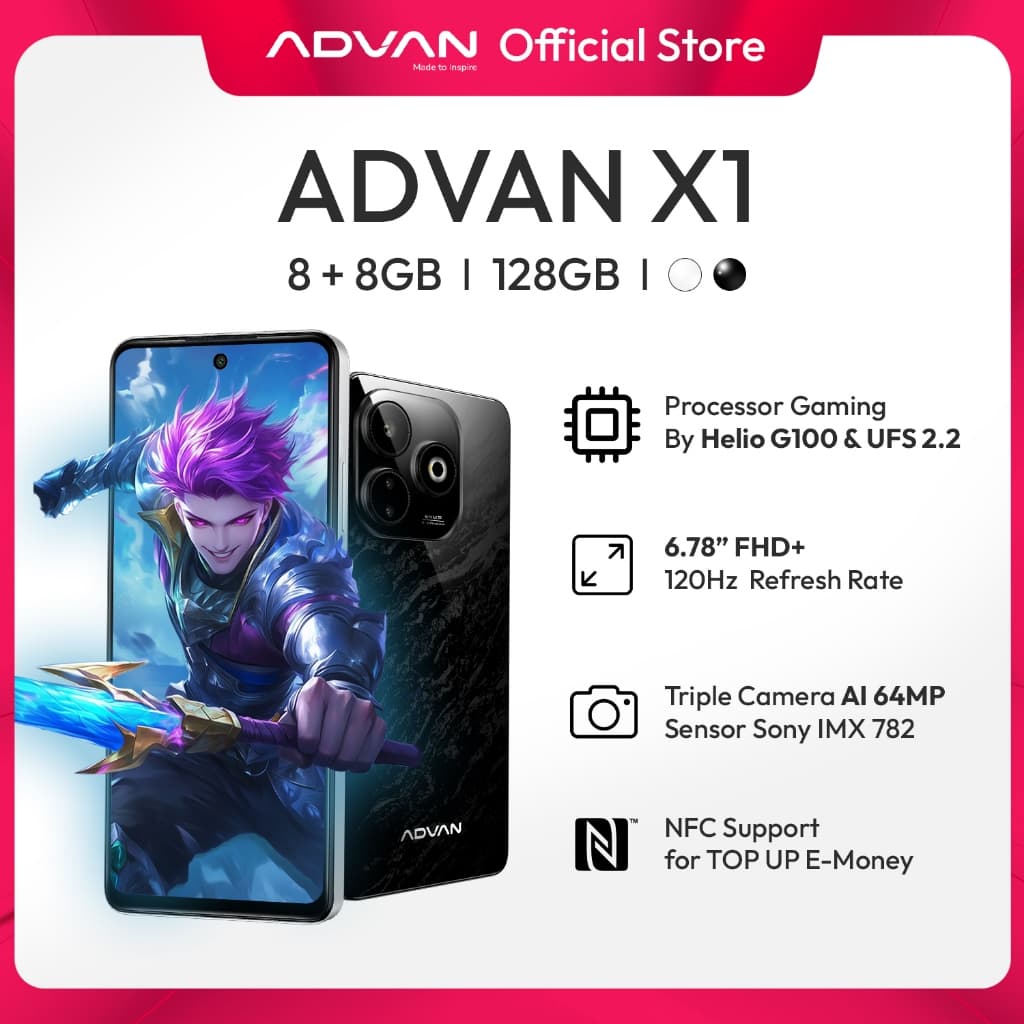 [BEST SELLER] Gaming Smartphone ADVAN X1 | MediaTek Helio G100 | 8GB+8GB/128GB | 6.78" 120Hz FHD+ | 64MP Sony IMX782 | 18W Fast Charging | Sensor Gyro | NFC | Fingerprint Security | Garansi Resmi 1 Tahun