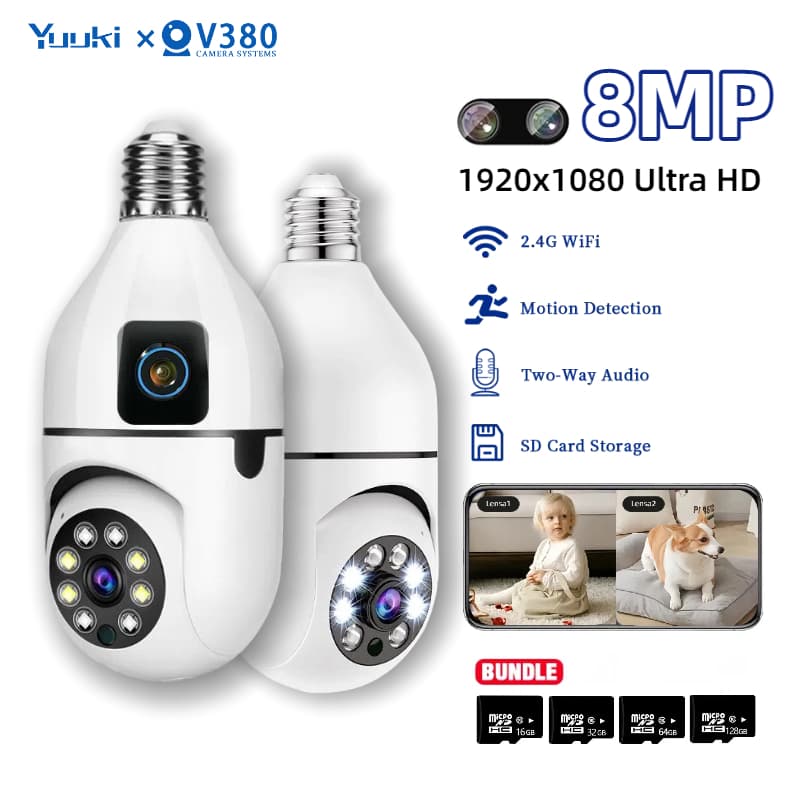 V380 Pro Lampu CCTV Dual Lens Kamera HD 8MP Wifi Remote Viewing 360° Motion Detect Security Kamera