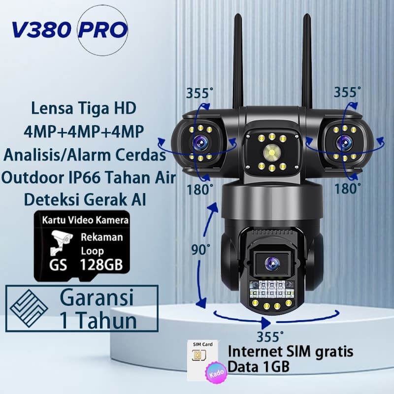 V380 Pro CCTV Kamera 3 Lensa Sesungguhnya 4K 12MP Outdoor IP66 Waterproof Pelacakan Seluler