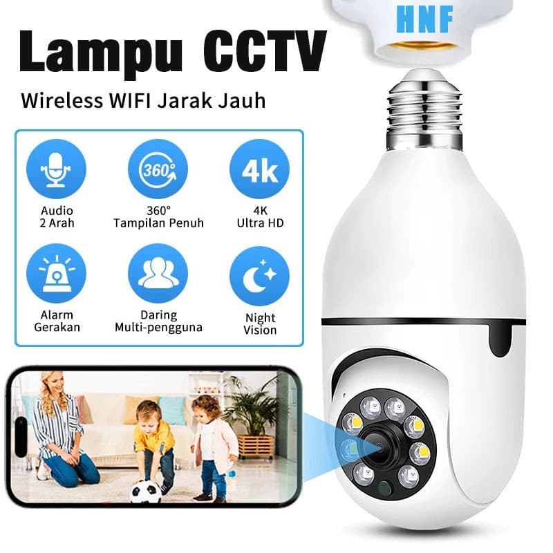 HNF CCTV Lampu 360 Derajat Bohlam 4K PTZ WiFi Smart Camera, Night Vision ,Motion Detection, 2-Way Audio, Waterproof IP65, Pasang di Dudukan Lampu - Home Security App Control (Indoor/Outdoor)