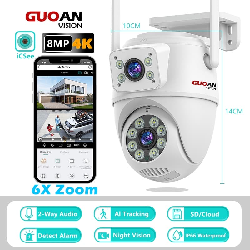 GUOANVISION CCTV Kamera 8MP 6X Zoom iCSee PTZ  Dual Lens Pelacakan Otomatis Ai Kamera Pengawasan Luar Ruangan Nirkabel