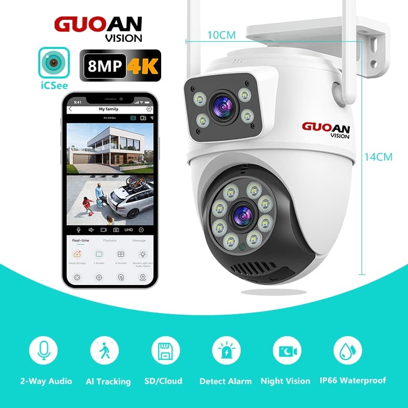 GUOANVISION 8MP CCTV Kamera Outdoor IP66  Alarm Deteksi Gerakan Dual-Lens CCTV