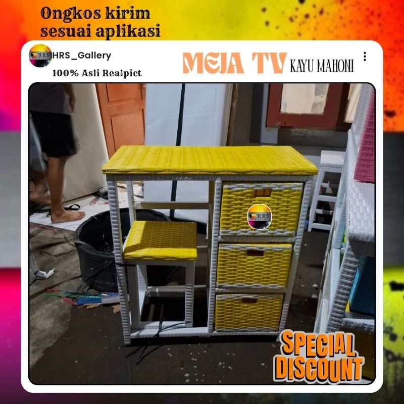 (Ready Stok) Meja belajar anak | meja laptop | meja kerja anyaman rotan sintetis 3 laci + tempat duduk