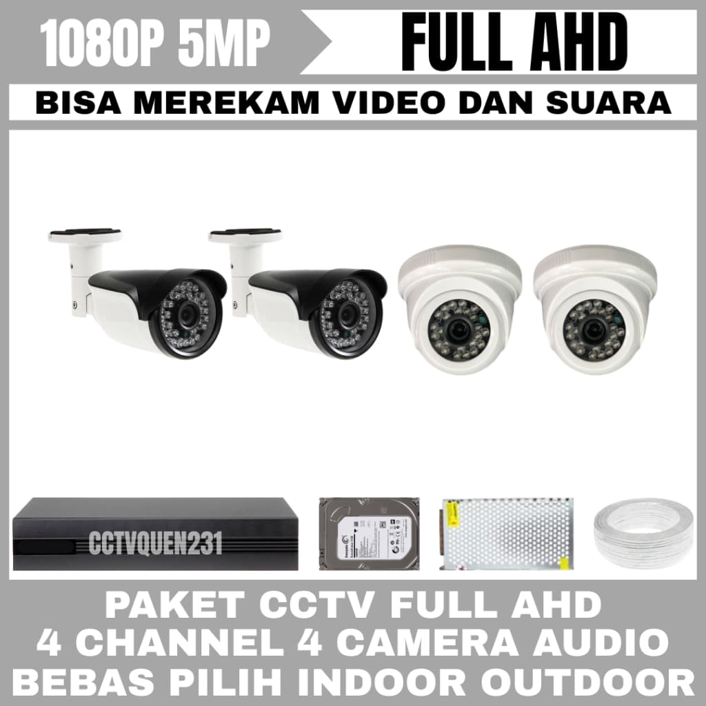 PAKET CCTV FULL AHD 5MP 4 CHANNEL 4 KAMERA IR SONY 1080P AUDIO CAMERA CCTV KOMPLIT