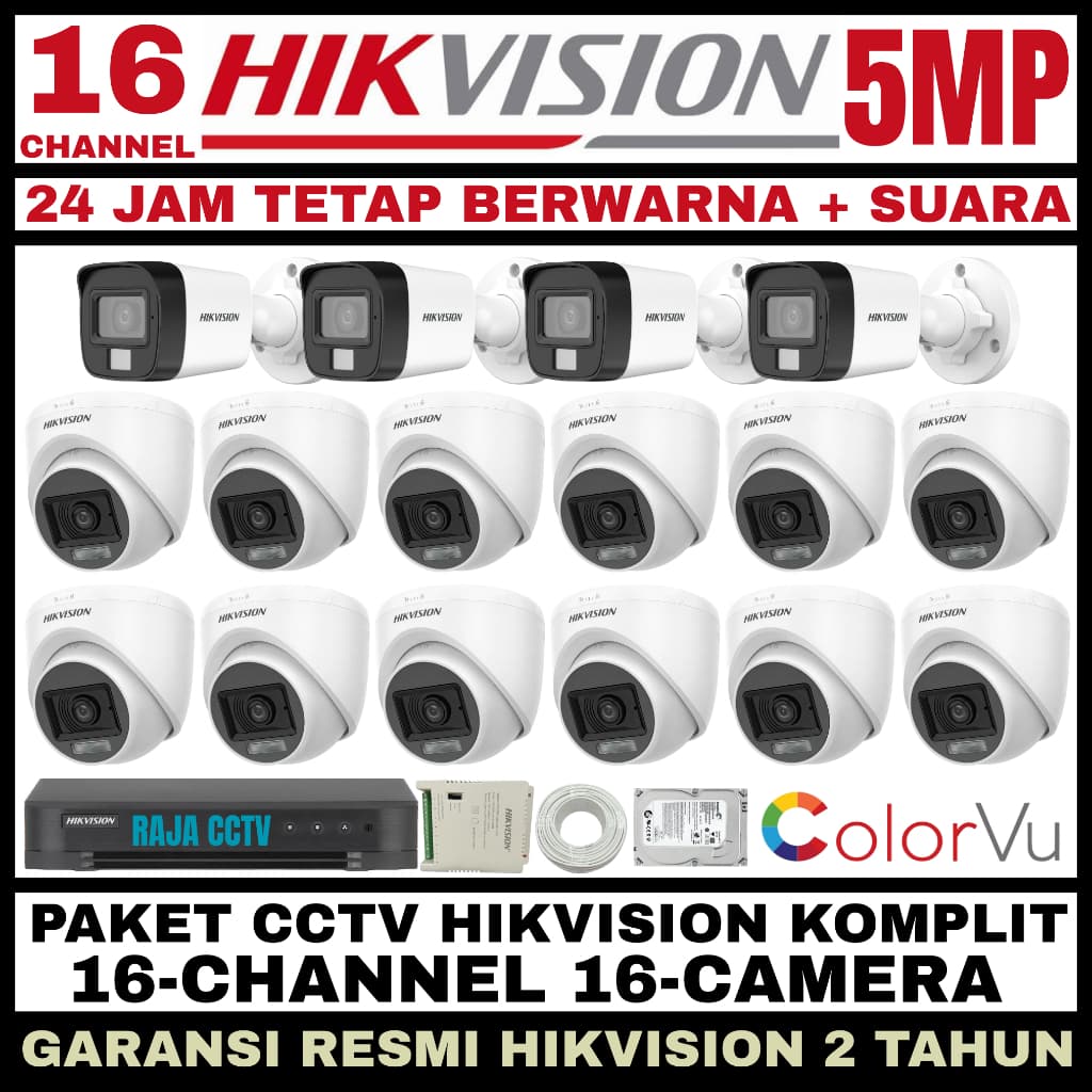 PAKET CCTV HIKVISION 5MP COLORVU 16 CHANNEL 16 CAMERA TURBO HD 3K COLORFUL KAMERA CCTV AUDIO SERIES
