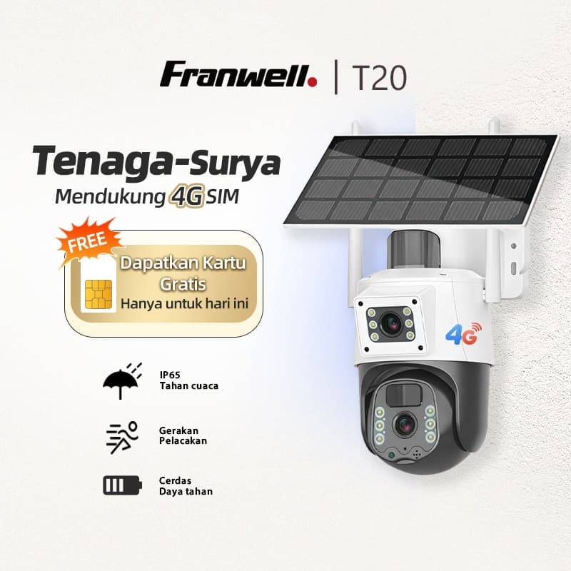 Franwell 4G Solar CCTV Dual Lens Outdoor Gratis SIM Tanpa WiFi Night Vision Audio 2 Arah Tahan Hujan