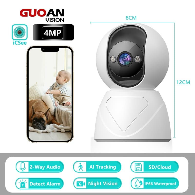 GUOANVISION 4MP CCTV Camera WiFi Indoor Icsee PTZ HD Pelacakan Humanoid IP Camera