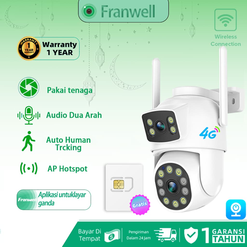 Franwell CCTV 4G Outdoor Tanpa WiFi V380 Pro 1080P Night Vision Audio Dua Arah GRATIS SIM Card Garansi dua tahun