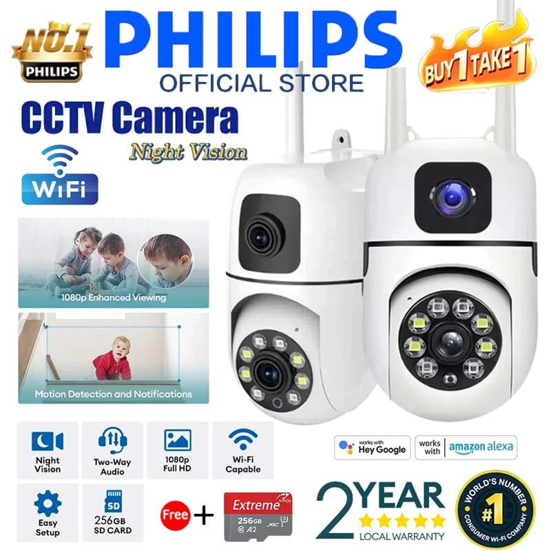 [Beli 1 gratis 1] PHILIPS Kamera CCTV Penglihatan Malam Penuh Warna Outdoor Tahan Air IP65 Deteksi/Alarm Pintar Two-Way Voice Human Tracking