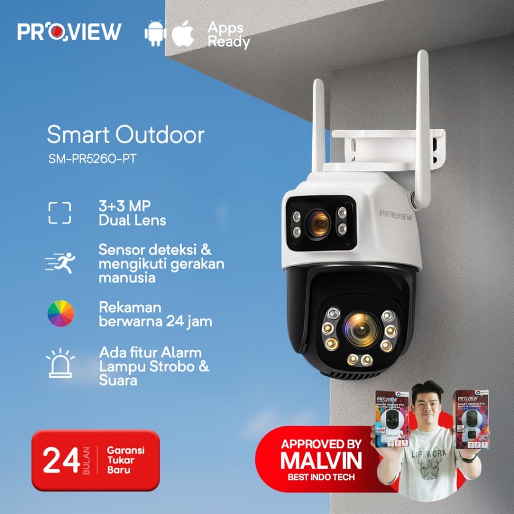 PROVIEW CCTV Wifi Outdoor PTZ Dual Lens 2 Kamera 355° 6MP IP67 Night Vision Motion Detection