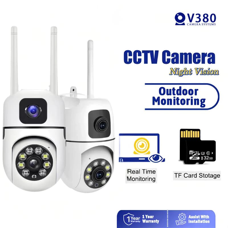 V380 Pro Kamera CCTV Penglihatan Malam Penuh Warna Outdoor Tahan Air IP65 Deteksi/Alarm Pintar
