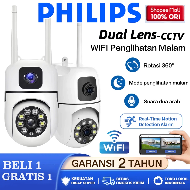 [Beli 1 gratis 1] PHILIPS CCTV Kamera Lampu 360 Derajat Bohlam 4K PTZ WiFi Smart Camera, Night Vision ,Motion Detection, 2-Way Audio, Waterproof IP65, Home Security App Control (Indoor/Outdoor)