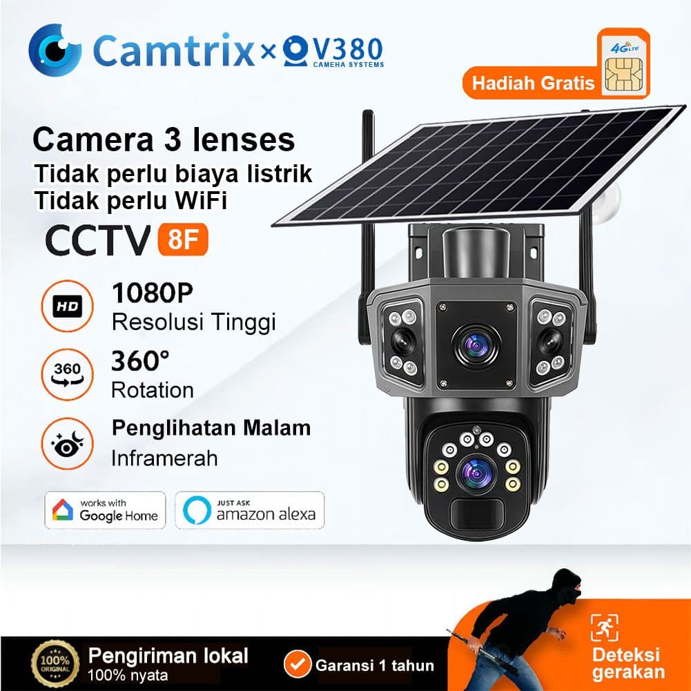 Camtrix 3 lensa-CCTV tenaga surya V380pro Outdoor WiFi / 4G SIM Kamera Waterproof IP67 Kamera 360 ° PTZ penglihatan malam CCTV surya tanpa biaya listrik