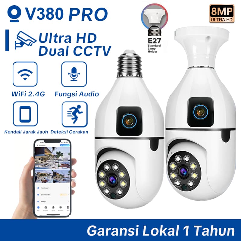 V380 Pro Kamera CCTV Bohlam Lensa Ganda Jarak Jauh 4MP WiFi Deteksi Cerdas Alarm Otomatis Inframerah